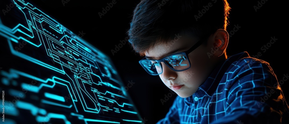 Poster young boy focused on programming with futuristic digital interface.