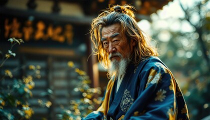 Obraz premium Le vieux sage japonais, immobile et attentif, ressent chaque instant de vie, captant le passage du temps comme un enseignement précieux de patience et de sagesse.