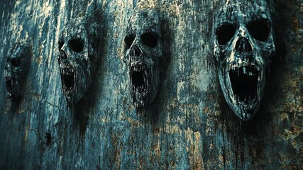 Four skeletal heads are embedded into a weathered wall, their mouths agape in a chilling display