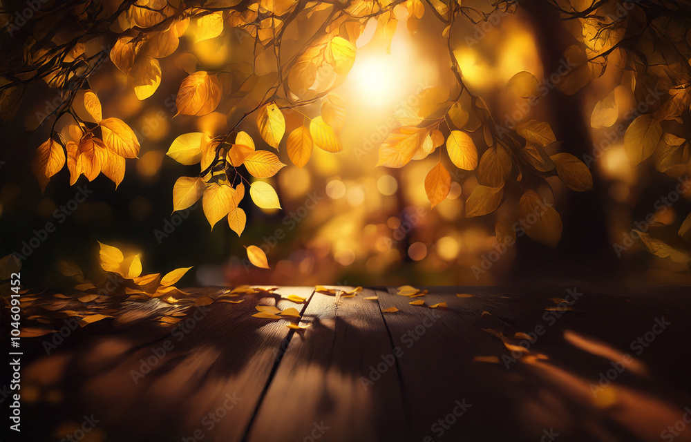 Poster a wooden table sits in front of a tree with golden leaves. sunlight filters through the leaves, crea