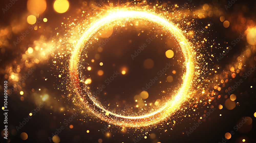 Poster gold sparkling light circle with shimmering particles with glare flare effect.