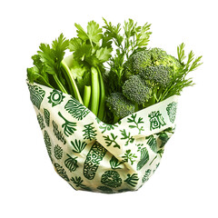 Fresh green vegetables wrapped in eco-friendly beeswax wrap, promoting sustainable lifestyle and zero-waste habits.