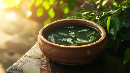 Naklejka premium An empty scene featuring blank mockup template of a simple clay pot filled with water and covered with mango leaves, 