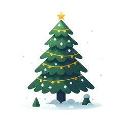 Obraz premium Flat, isolated illustration of a festive Christmas tree adorned with colorful ornaments, lights, and a shining star on top. The tree has a classic triangular shape and vibrant green branches. 