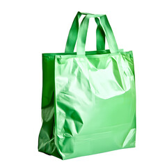 Shiny green reusable shopping bag with handles, isolated on white background, perfect for eco-friendly and sustainable lifestyle concepts.