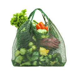 Reusable mesh bag filled with fresh vegetables. Eco-friendly shopping choice promoting sustainability and healthy lifestyle.