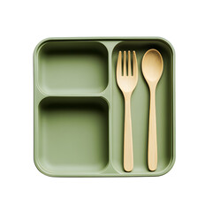 Eco-friendly bento box with wooden fork and spoon in green tray. Perfect for sustainable lunch solutions and healthy meal storage.