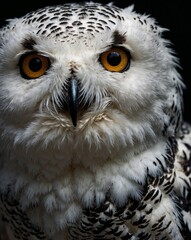 professional photo of a white snow owl in a dark room