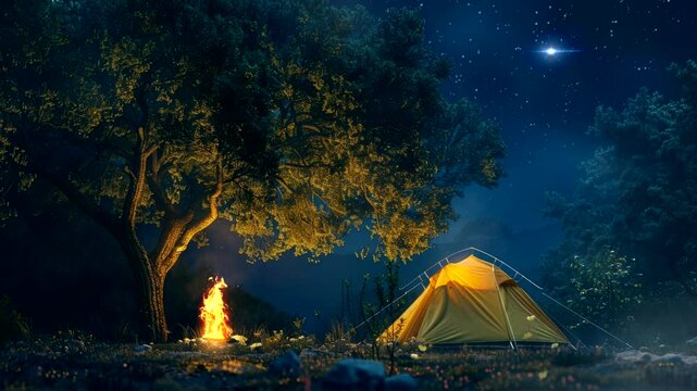 Camping Under the Stars: A cozy camping scene under a star-filled sky. A crackling fire illuminates a yellow tent nestled beneath a large tree. The night air is filled with mystery and adventure.