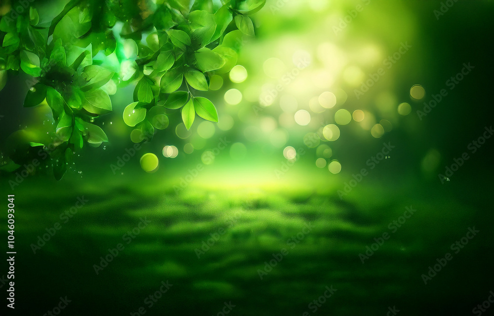 Poster a lush green forest floor with a soft glow of light filtering through the leaves.