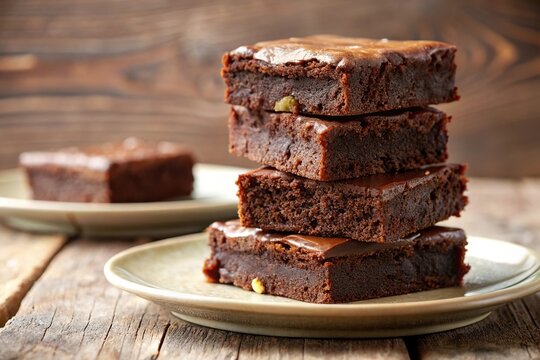 Stack of fudgy brownies on a ceramic plate with shallow depth of field, perfect for food photography or dessert concept