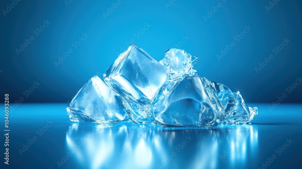 Poster intricately shaped icy crystals catch light, creating abstract reflections against a calming blue ba