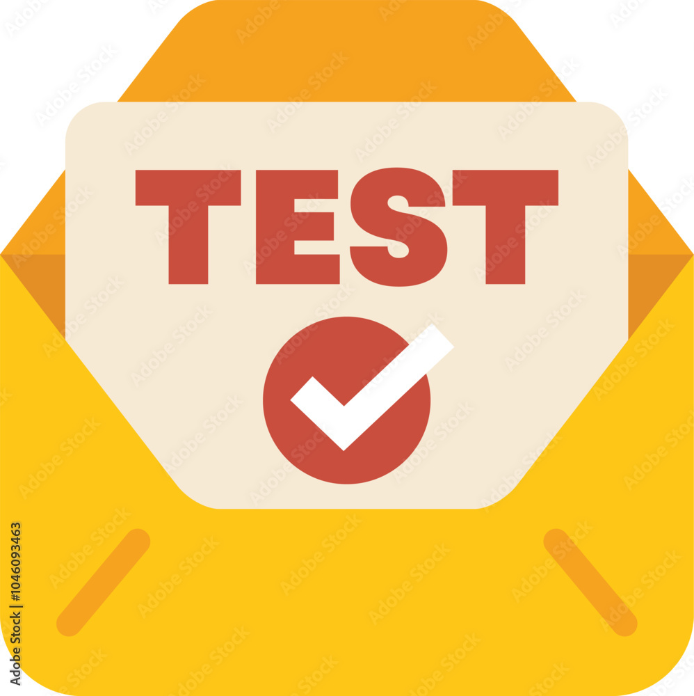 Poster yellow mail enveloppe containing test results with check mark symbol indicating success on white bac