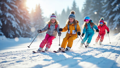 Children ski on a sunny, snow-covered track, radiating joy and winter adventure.


