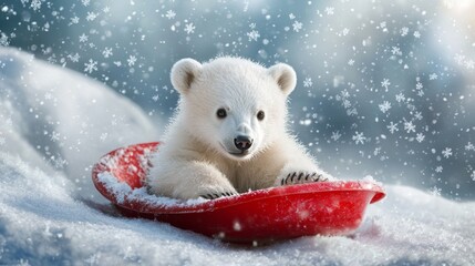 Fototapeta premium Polar bear cub riding a sled in a winter wonderland