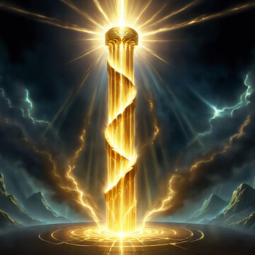 A glowing golden pillar with a spiral design stands on a circular platform, radiating light against a dark background with mountains and lightning strikes. The pillar is surrounded by golden light bea