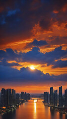 Fototapeta premium At sunset in the city center, sunset and night sky, the view of the city where the sun sets, the brilliant sunset, the beautiful sunset, the brilliant sunset, 도시의 석양, 일몰, 都会の夕日、日没です