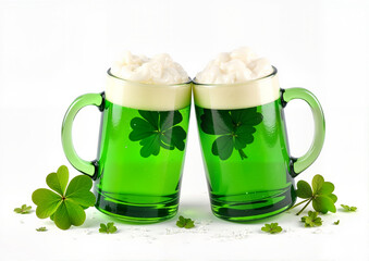 Two green beer mugs with shamrocks and foam