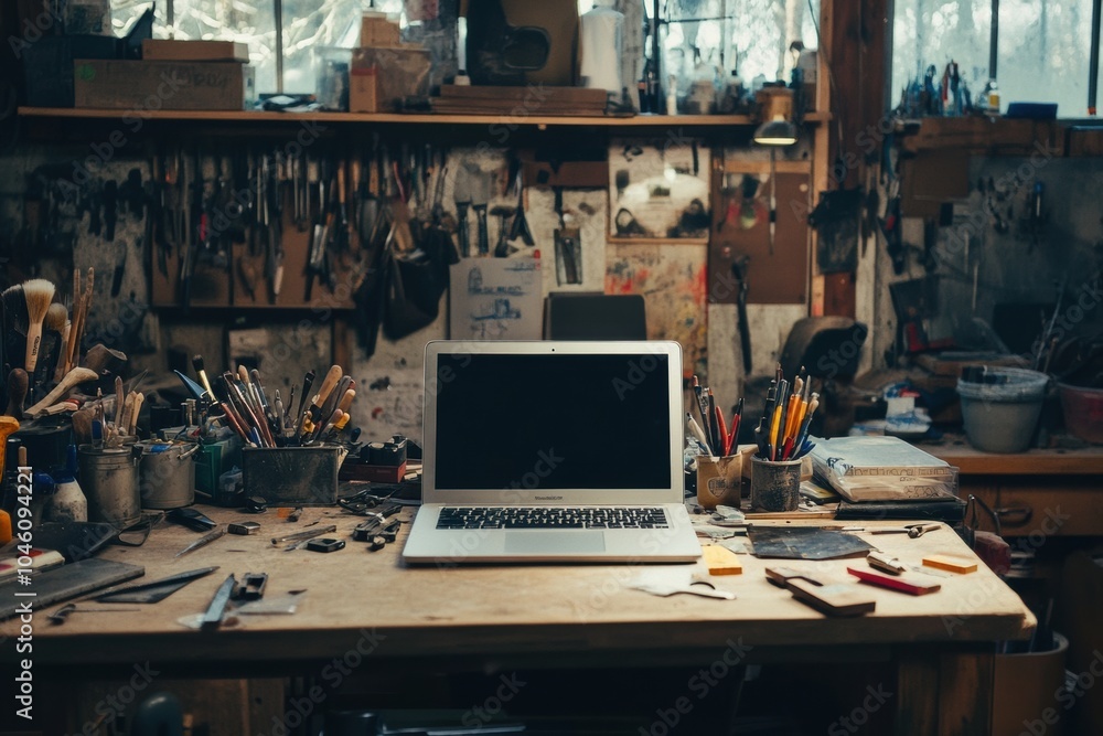 Poster a blank laptop sits on a wooden workbench, surrounded by various tools and art supplies, creating a 