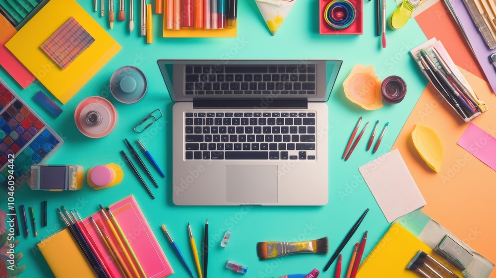 Poster a laptop is placed at the center of a vibrant workspace filled with various stationery items and art