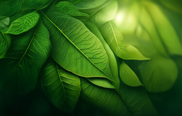A close-up view of lush green leaves with sun shining through.