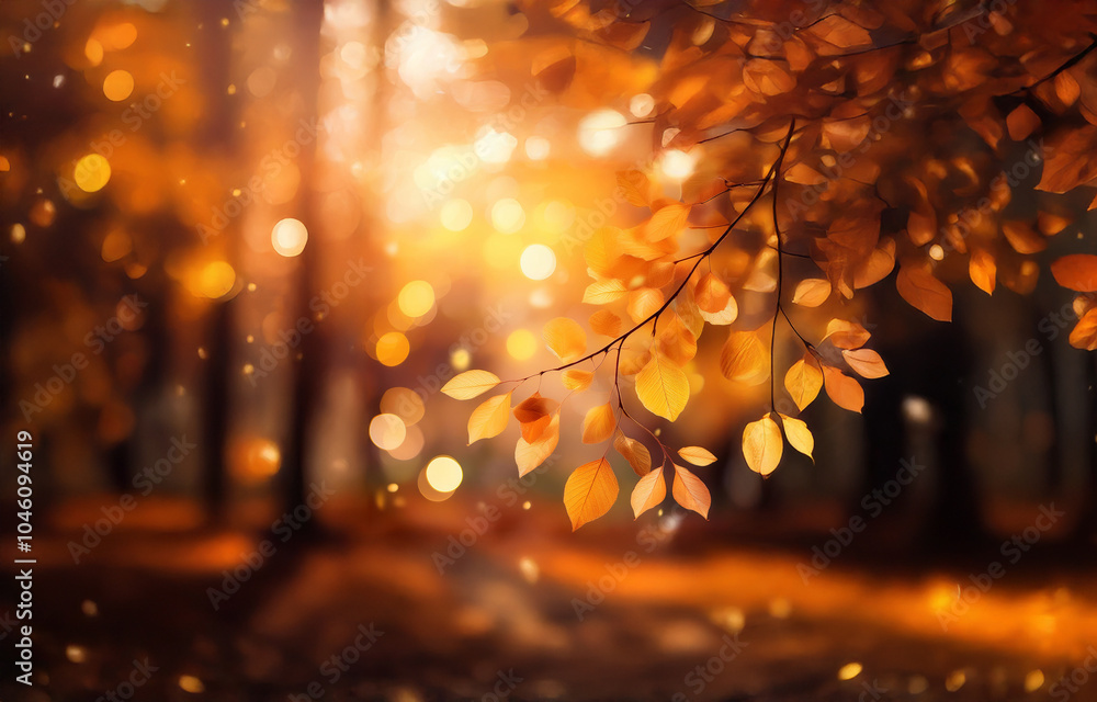 Poster a close-up of a branch with vibrant fall leaves, bathed in the warm glow of the setting sun. the bac