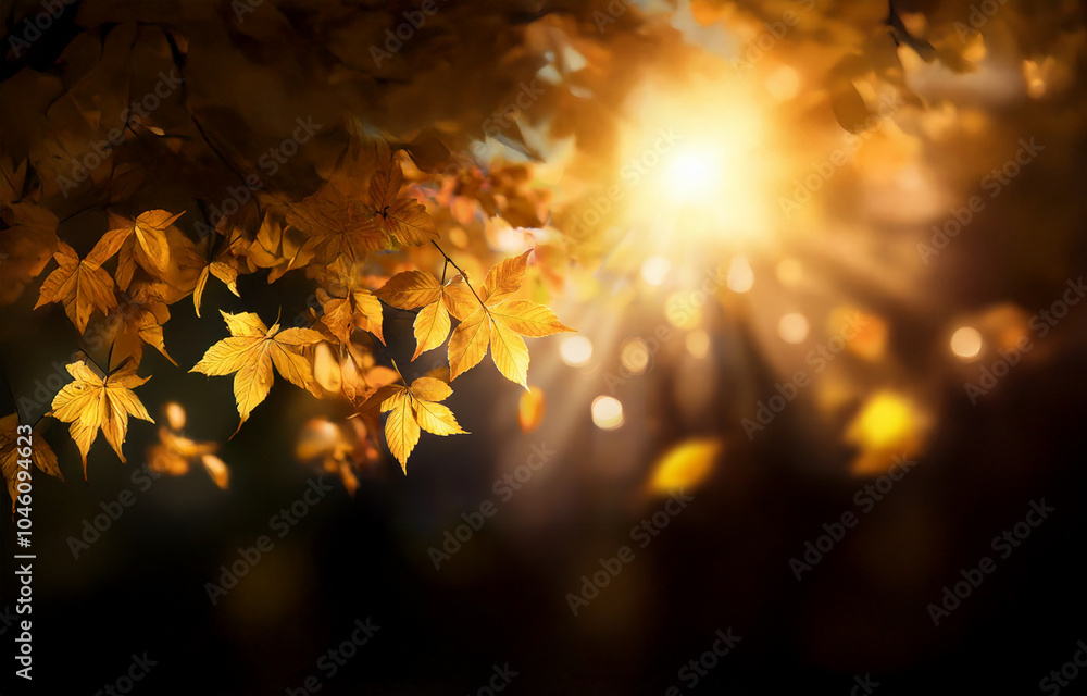Poster golden leaves and sun rays shine through the branches of a tree, creating a warm and inviting scene.