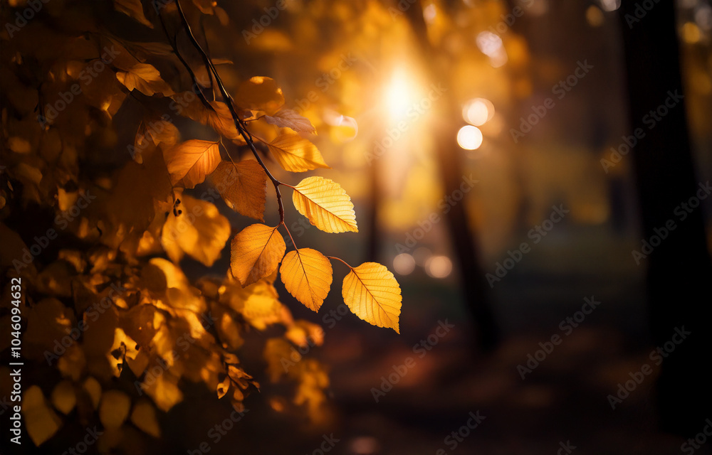Poster sunlight filters through the branches of a tree, illuminating golden leaves. the background is blurr