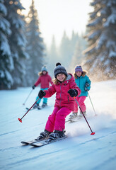 Children ski on a sunny, snow-covered track, radiating joy and winter adventure.

