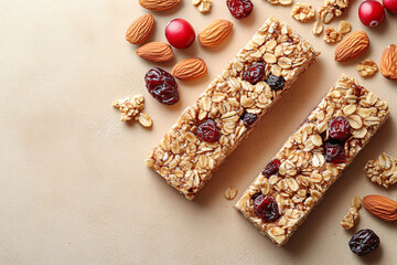 Top view of healthy granola bars, nuts, and dried fruits on a pastel orange background. Suitable for promoting wellness and healthy eating.
