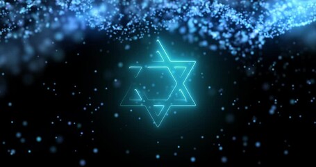 Jewish, star and shine with light in graphic for creative design, worship and religious emblem. Abstract, hologram and shape with motion by black background for particle pattern, faith and Hanukkah - Powered by Adobe