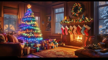 Fototapeta premium A cozy living room with a rainbow-lit Christmas tree, presents wrapped in vibrant colors, and stockings hanging by a glowing fireplace