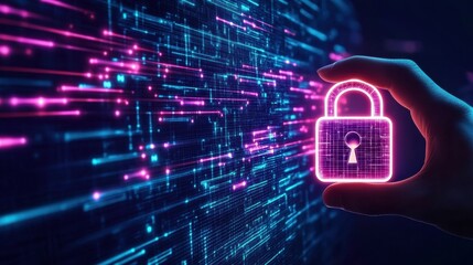 A finger touches the glowing digital padlock symbol on the screen