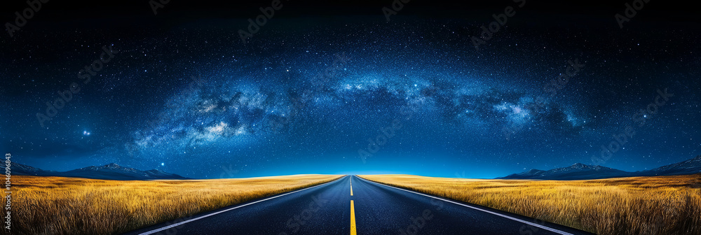 Wall mural serene highway stretches through vast grassland, illuminated under starry night sky filled with stunning galaxy. scene evokes sense of adventure and tranquility