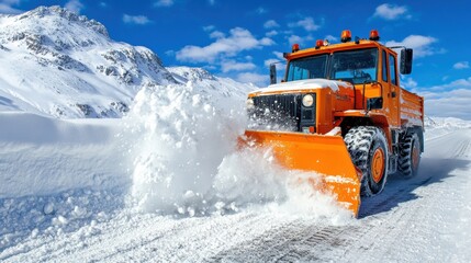 Snow plow is clearing a mountain road after heavy snowfall