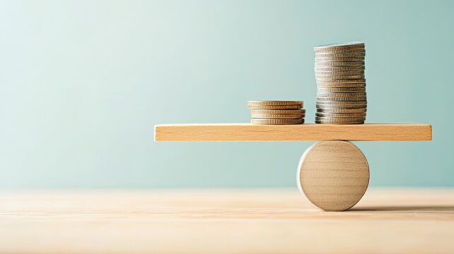 Balanced scales with unequal stacks of coins on wooden plank