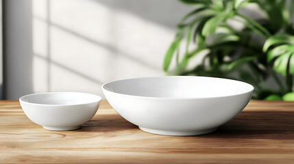 Fototapeta premium white ceramics plate and bowl isolated on a wooden table