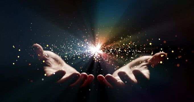 Wallpaper, hands and stars in palms for worship, enlightenment and spiritual realm on black background. Person, astrology and particle glow in animation for fortune telling, magic and hope for future