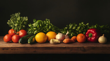 vegetables and fruits isolated on a wooden table