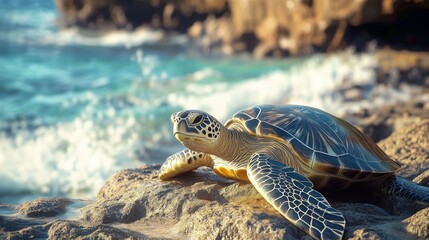 Obraz premium Sea Turtle Sunbathing on Rocky Shoreline by Ocean Waves