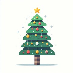 Fototapeta premium Flat, isolated illustration of a festive Christmas tree adorned with colorful ornaments, lights, and a shining star on top. The tree has a classic triangular shape and vibrant green branches. 