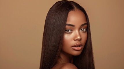 Naklejka premium Portrait of a woman with flawless makeup and sleek, straight hair against a warm, neutral background.