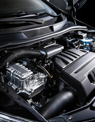 Fototapeta premium A modern car engine with a sleek black cover and silver stripes