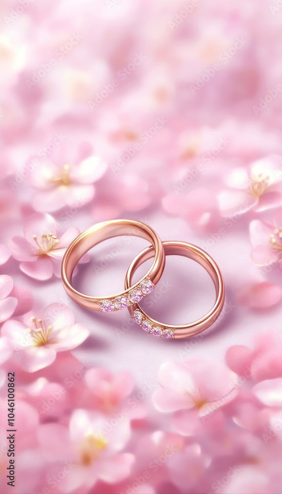 Wall mural Two elegant rose gold rings on a bed of pink blossoms.