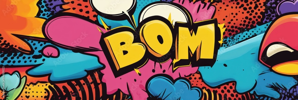 Poster a lively display of comic-style art featuring bold speech bubbles and action-filled sound effects cr