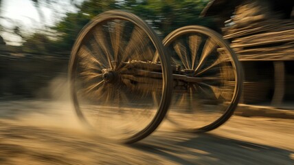 Blurred motion vintage wooden cart wheels in dusty environment