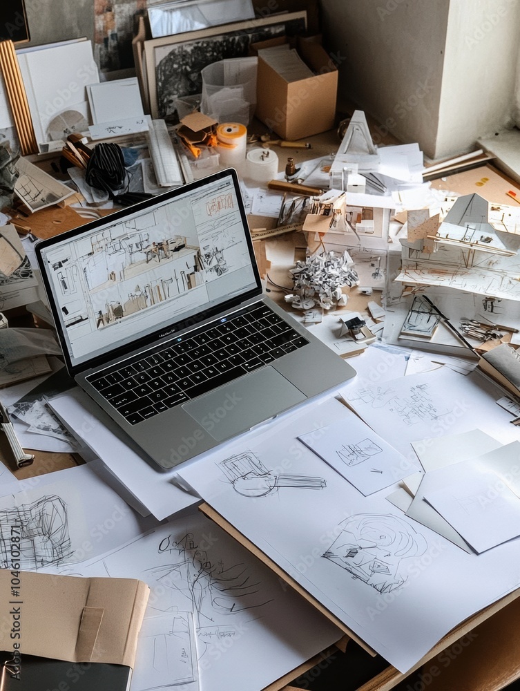 Leinwandbilder An organized yet cluttered desk features a laptop displaying design work, alongside numerous sketches and scattered materials for inspiration. Generative AI