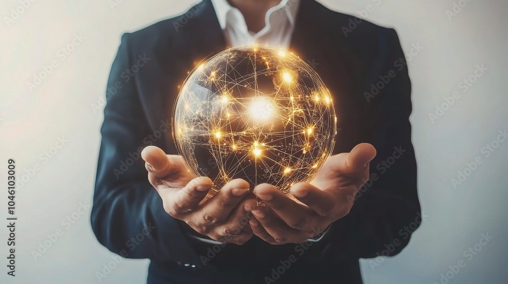 Poster glowing network in hands symbolizing connection and innovation