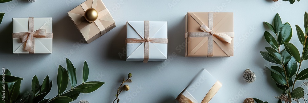 Fototapete stylishly arranged geometric gift boxes in neutral colors are complemented by lush greenery, creatin