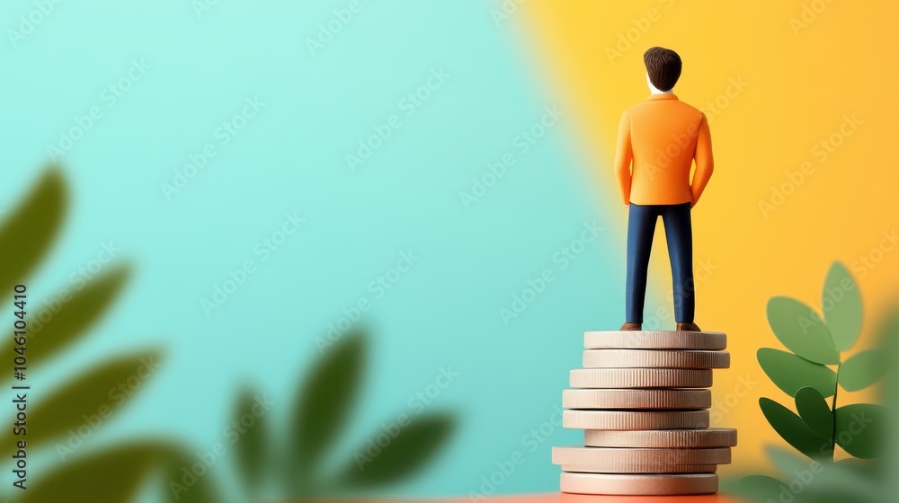 Wall mural a small figure stands on a stack of coins, representing financial growth and stability. the colorful